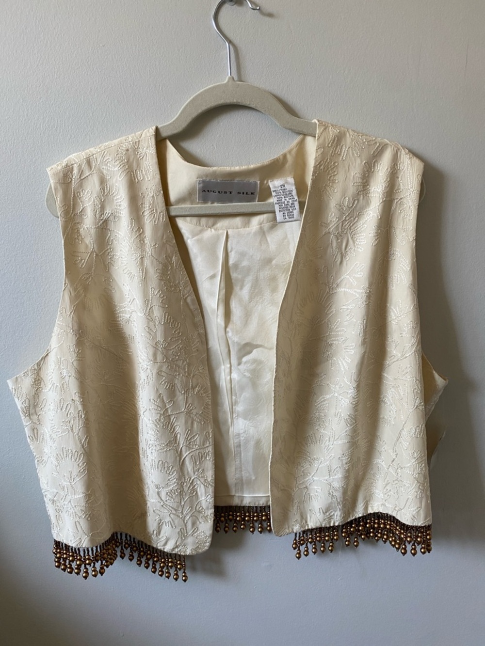 AUGUST Silk 100% silk vintage Ivory Embroidered Vest with Bead Tassle Hem 2XL